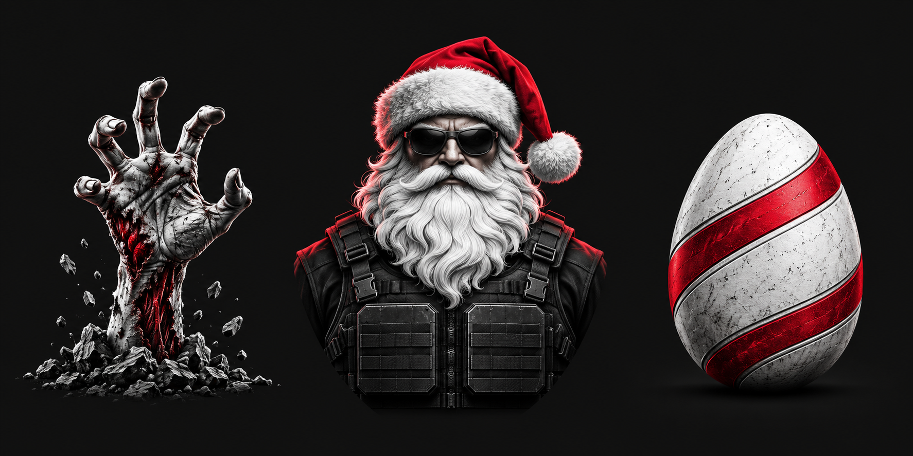 Main de zombie, Père Noël avec gilet pare-balles et œuf de Pâques